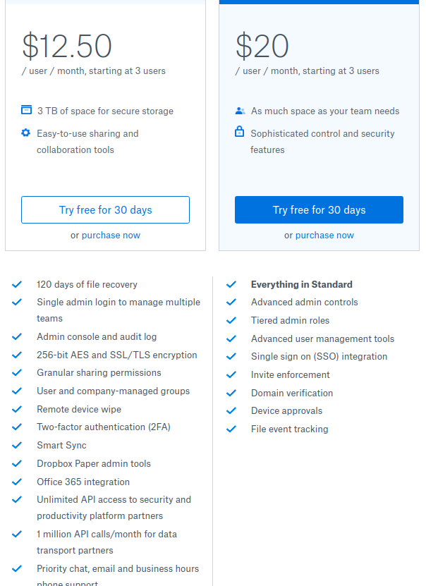 Dropbox business pricing