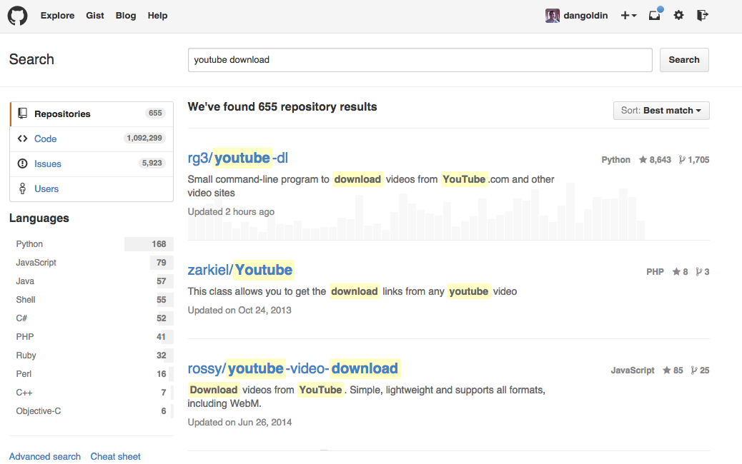 Github search for youtube download